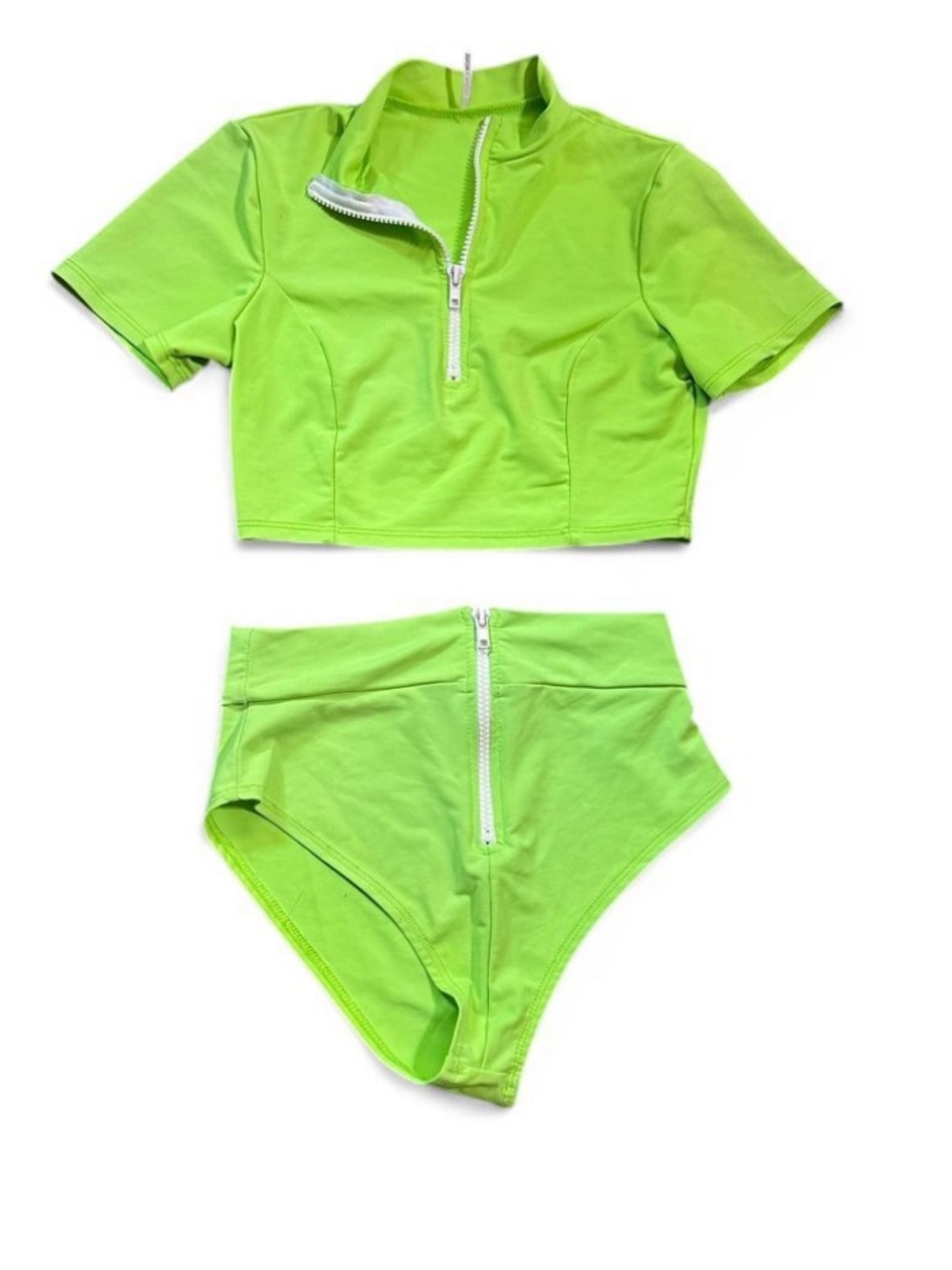 Fashion Nova Neon Green Zip-Front Crop Top & High-Waist Brief Set